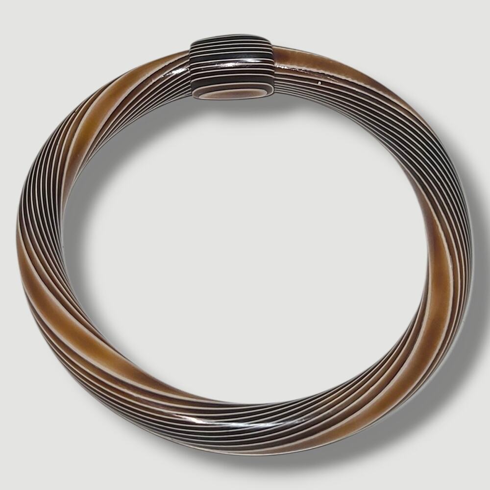 Vintage 60s Lea Stein France Swirl Layered Celluloid Bangle Bracelet Brown Cream